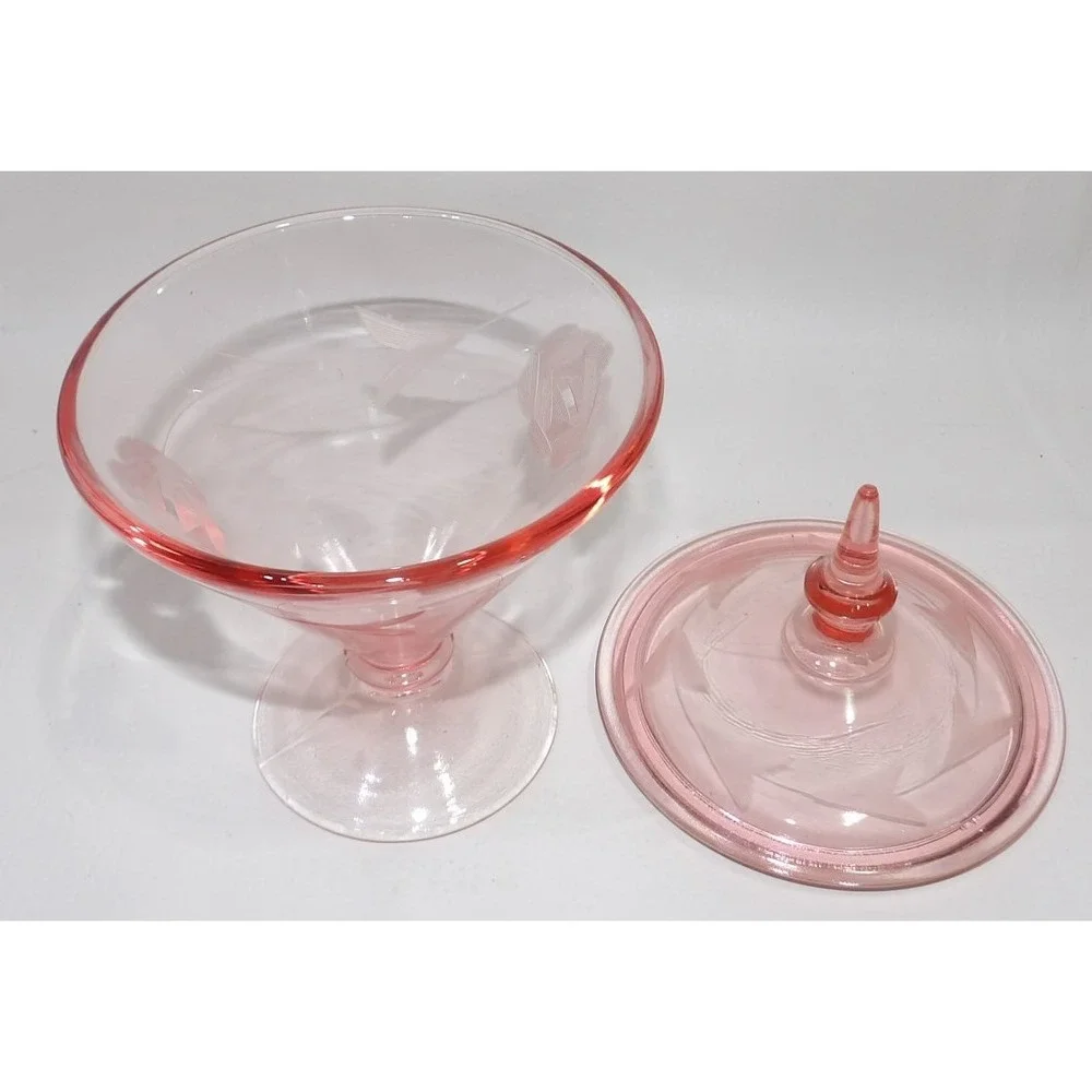 Vintage Lancaster Pink Depression Glass Etched Candy Dish Lidded Footed Compote
